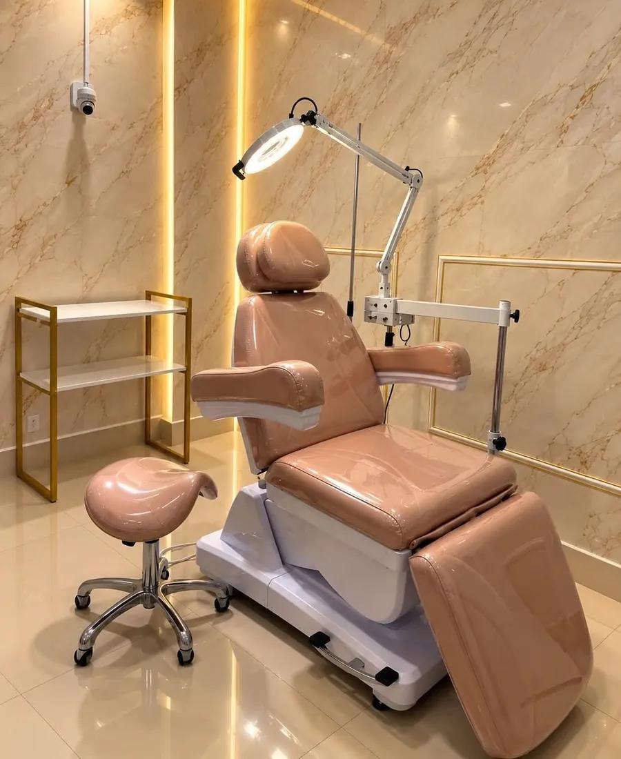 Sala de procedimento com poltrona rosé e parede de mármore iluminada