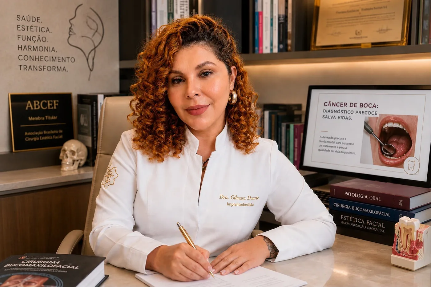 Dra. Gilmara Duarte de jaleco branco no consultório, ao lado de livros de cirurgia bucomaxilofacial